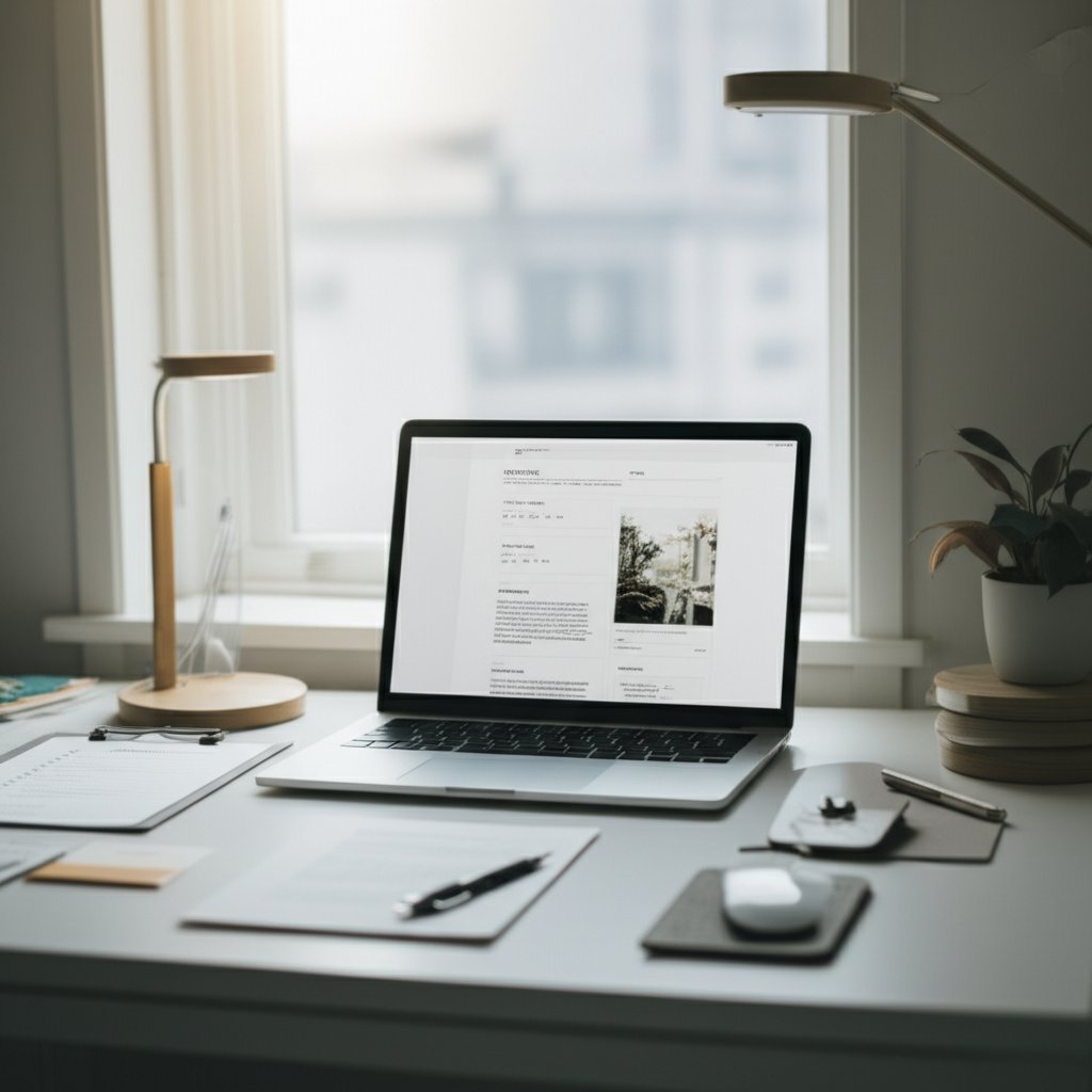 organized workspace with a digital blog post template and planning tools