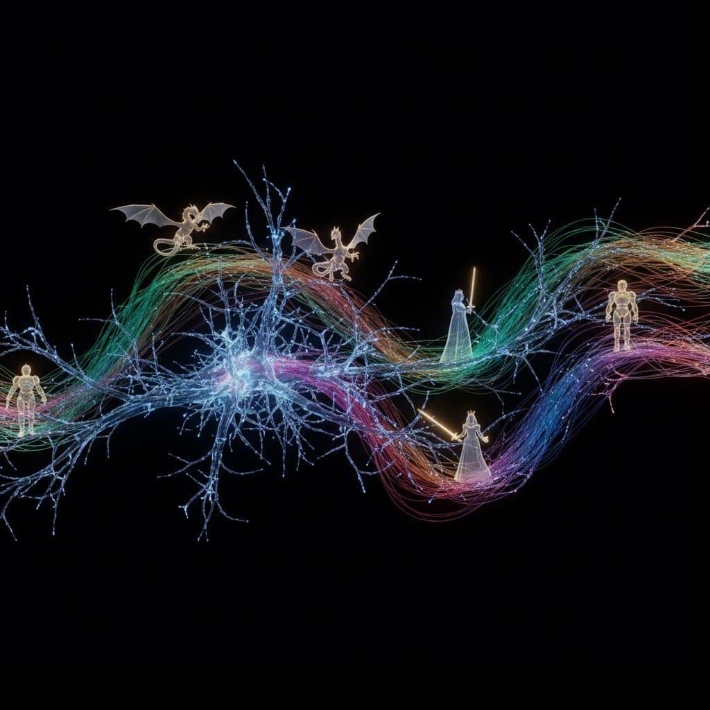 Conceptual art showing AI and human creativity intertwining for storytelling