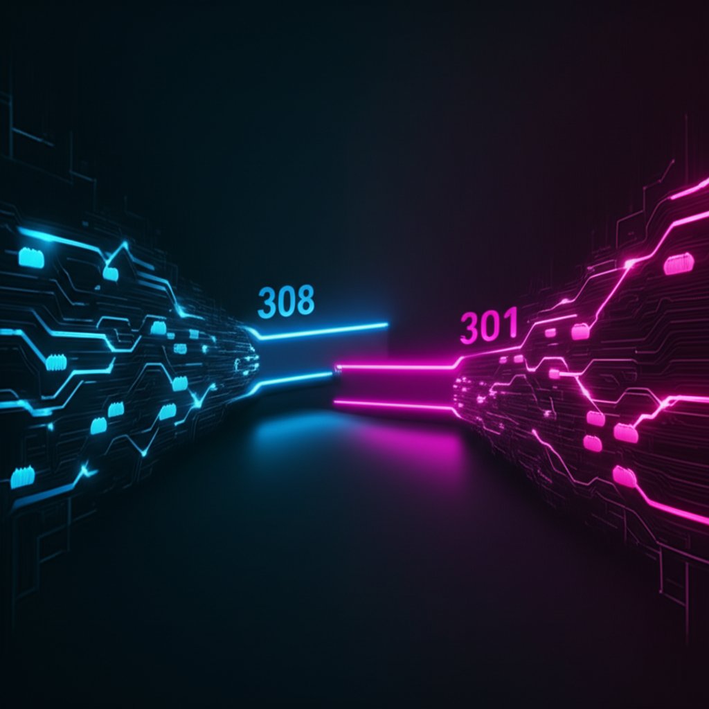 conceptual diagram showing the difference between a 301 and a 308 redirect path