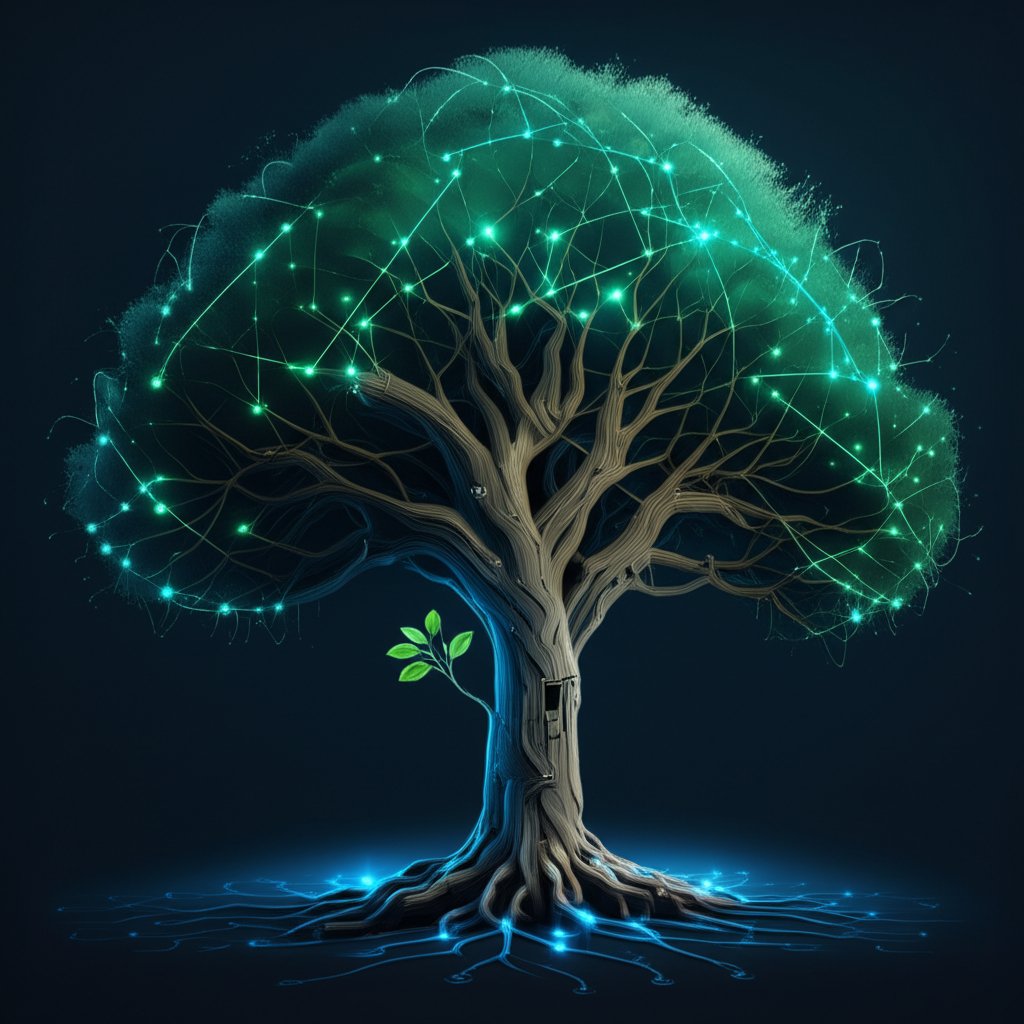 conceptual illustration of a websites domain authority growing from a small sapling into a large interconnected tree